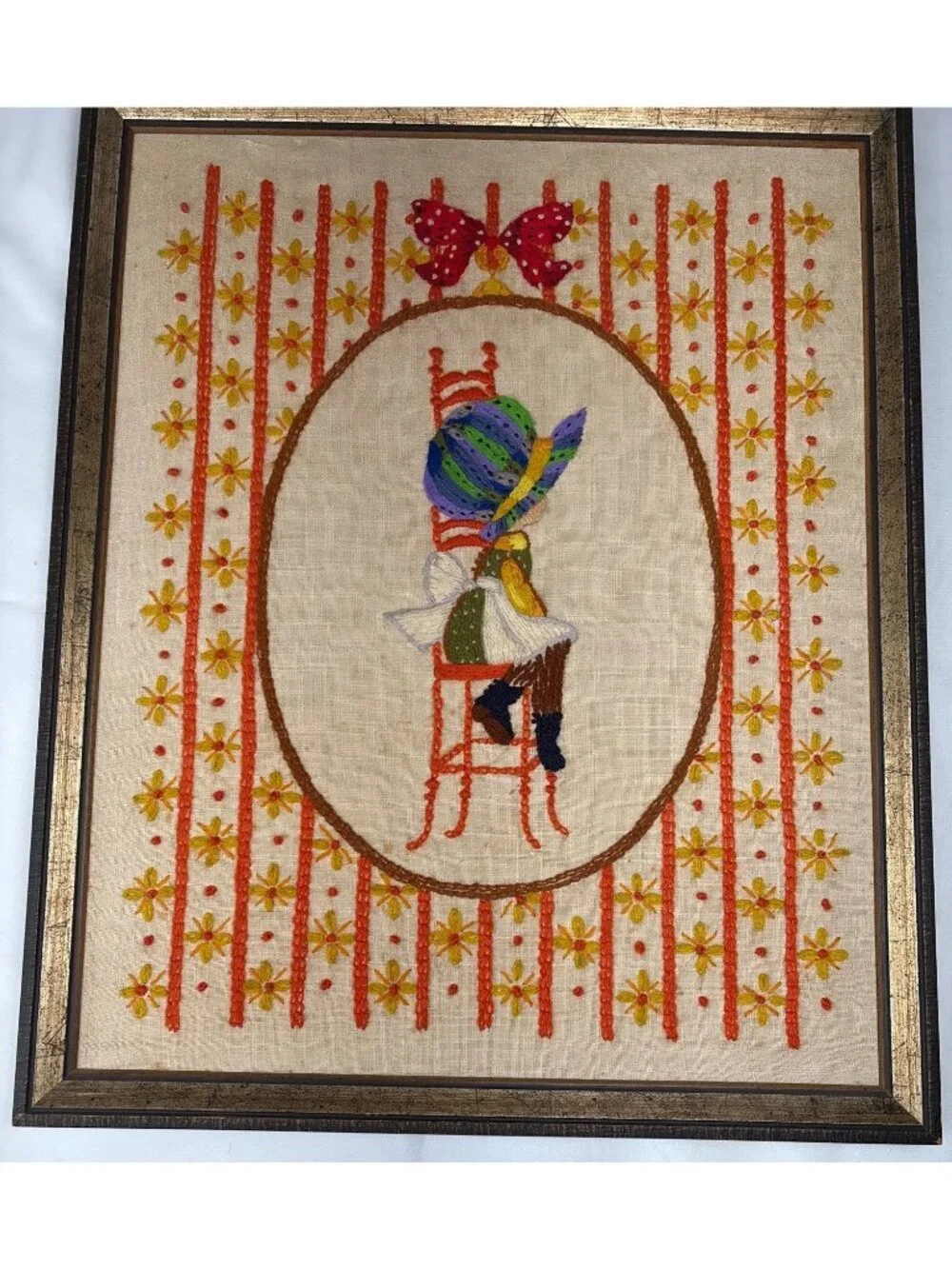 Framed Embroidered Girl on Chair Hat Bow Folk Art Wall Decor 21